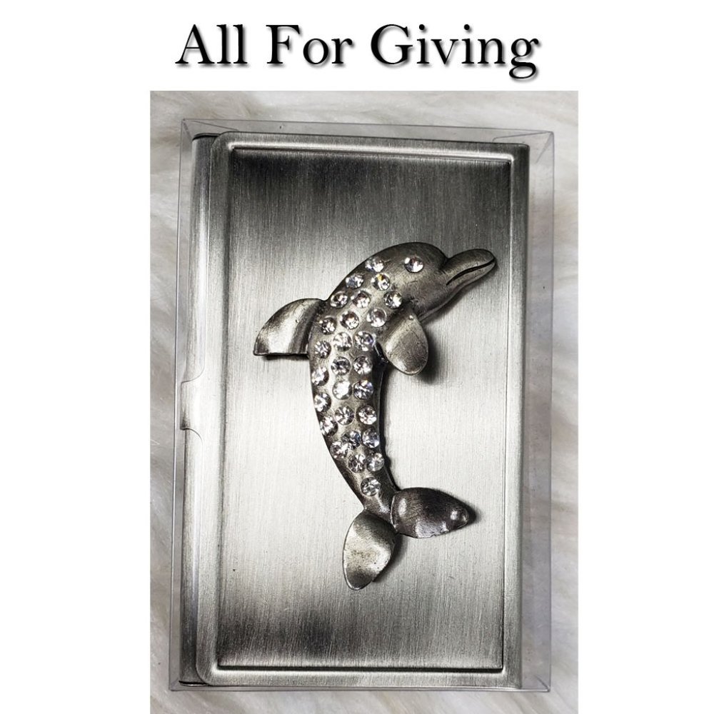 Dolphin Rhinestone Business Card Holder Czech stones NWT All For Giving